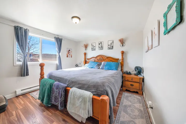 Bedroom featuring wood finished floors and a baseboard radiator