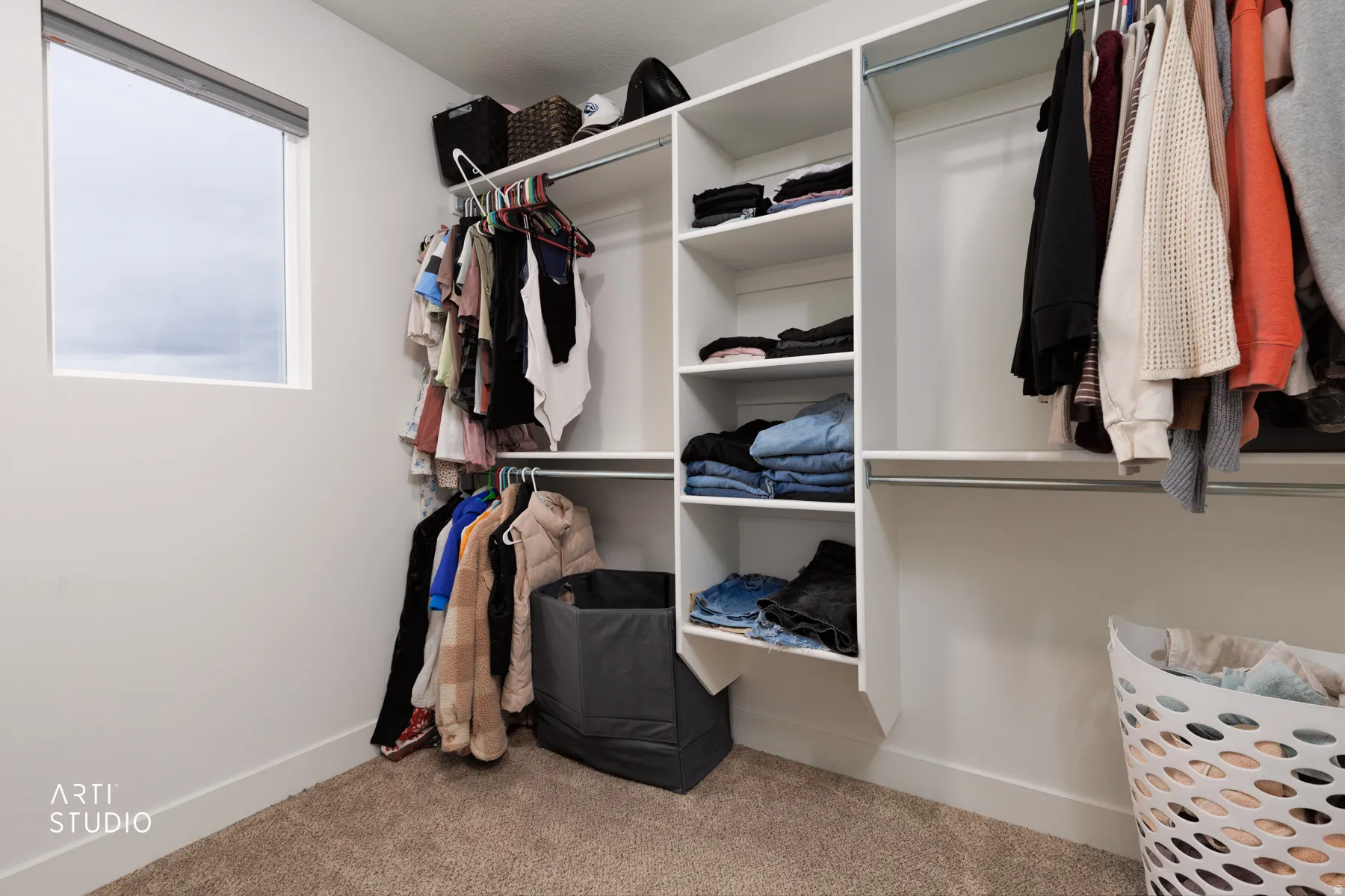 Walk in closet with light colored carpet
