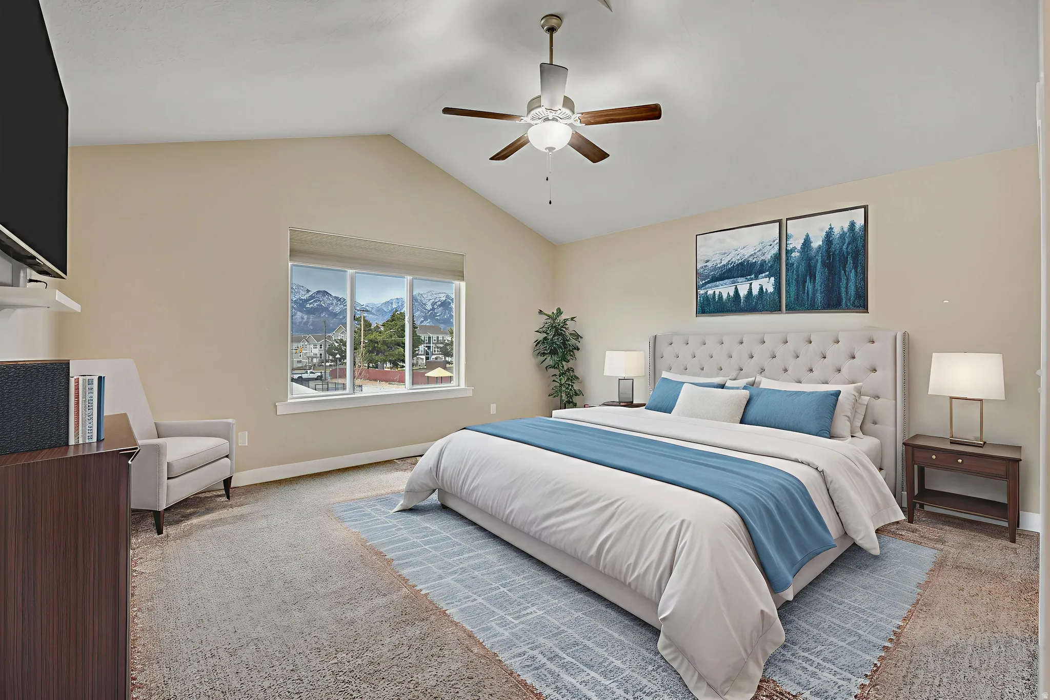 Bedroom featuring carpet floors and ceiling fan