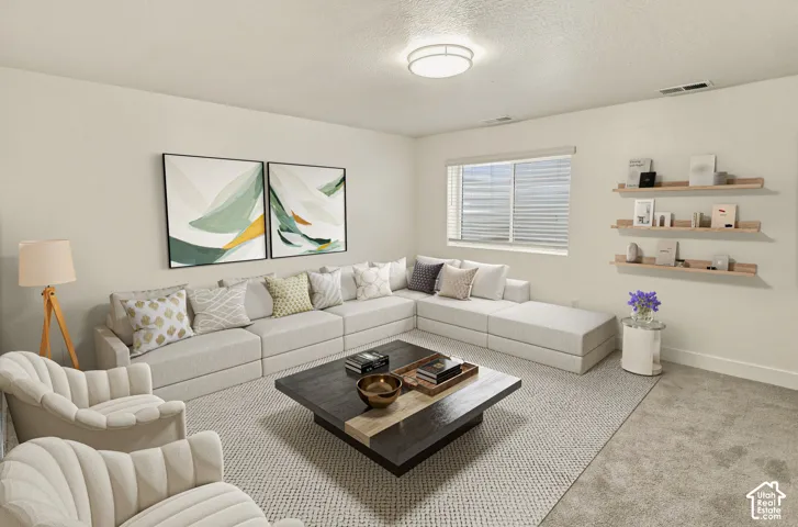 Recessed window with blinds, overhead flush-mount lighting, wall-mounted shelving, and wood-finish flooring