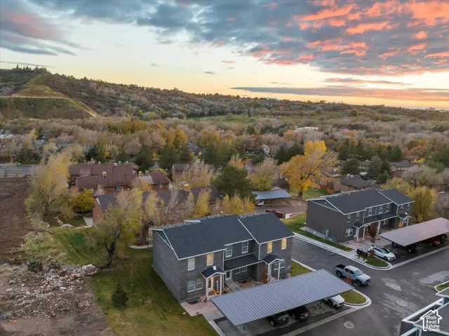 Aerial view at dusk of a residential view