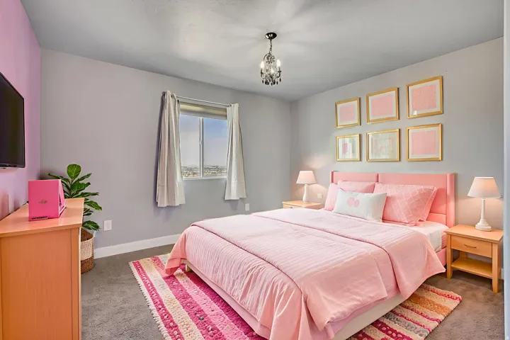 Bedroom with carpet flooring and hanging lights
