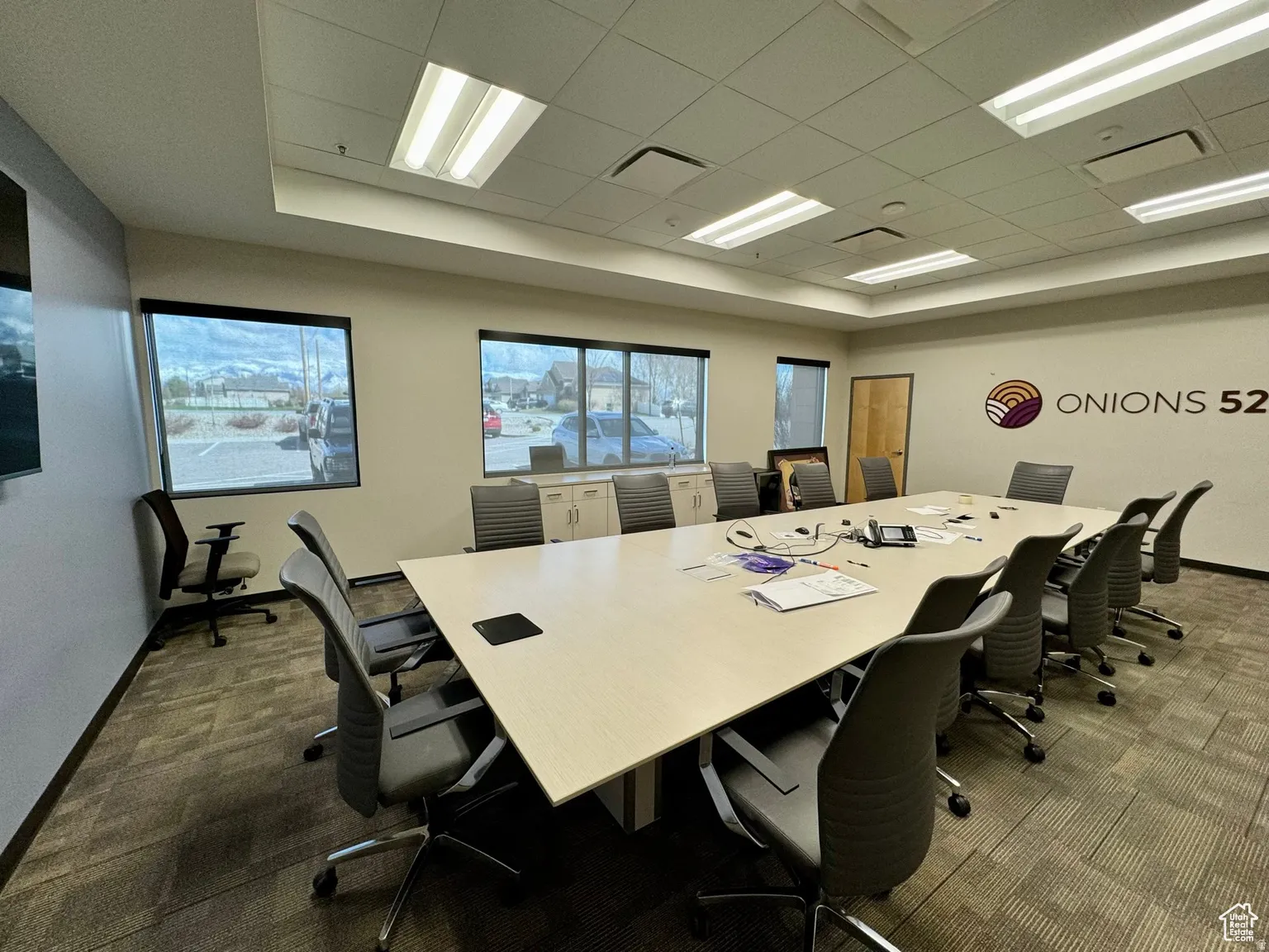 Office space with a drop ceiling and a tray ceiling