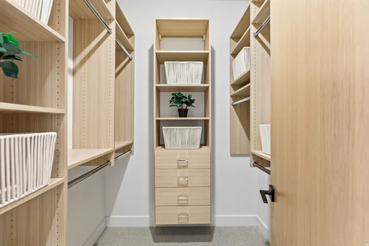 Walk in closet with light carpet