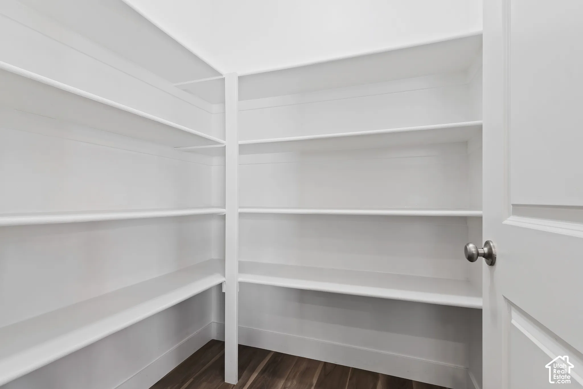 Walk-in pantry with extensive shelving and storage to keep the kitchen organized.