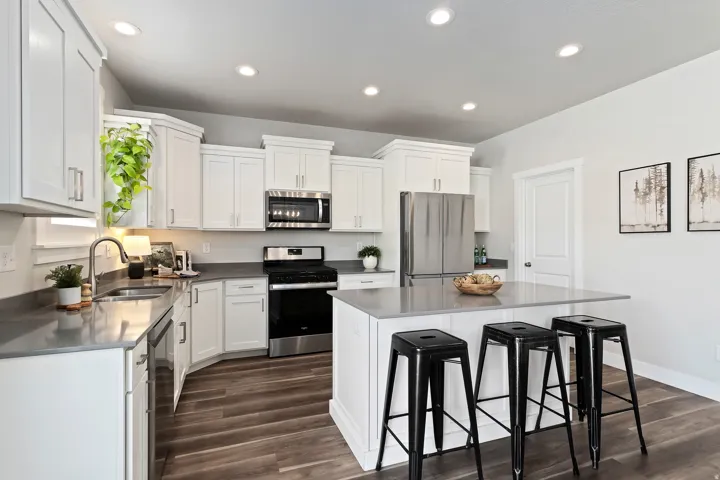 Open-concept kitchen featuring a large island, walk-in pantry, stainless steel appliances, and generous prep space.