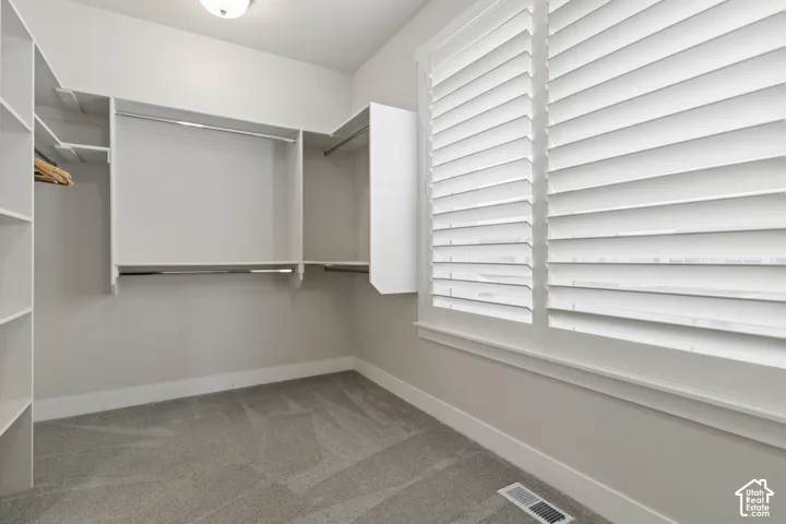 Oversized walk-in closet with built-in shelving and abundant storage.