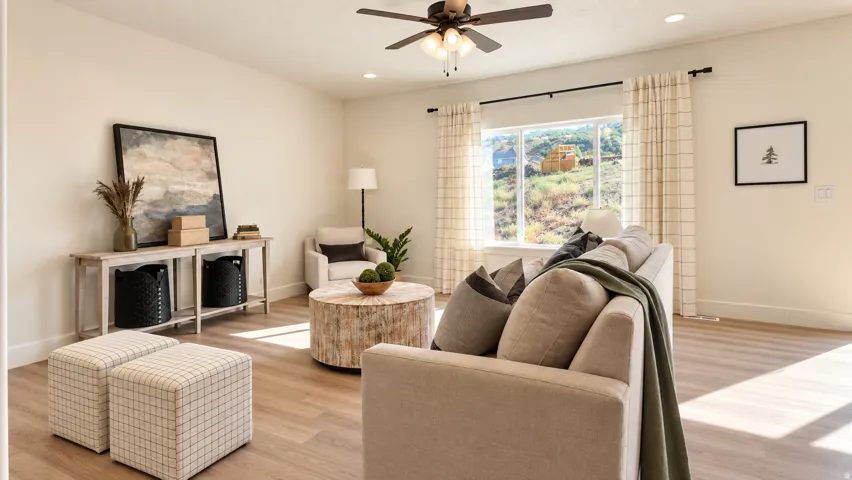 Recessed lighting, wood-finish flooring, ceiling fan with integrated lighting, and expansive window with outdoor scenery