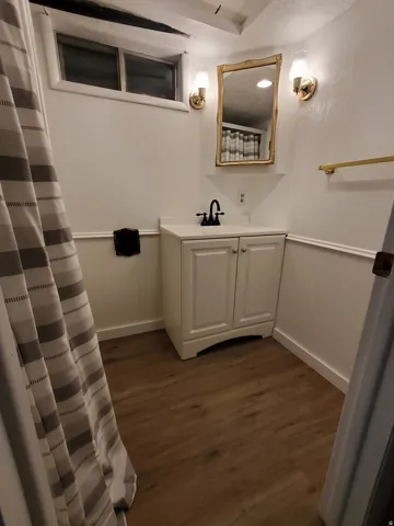 Bathroom featuring vanity, dark wood-style flooring, and curtained shower