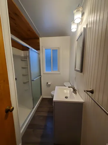 Newly remodeled bathroom with cute bead board, LVP flooring