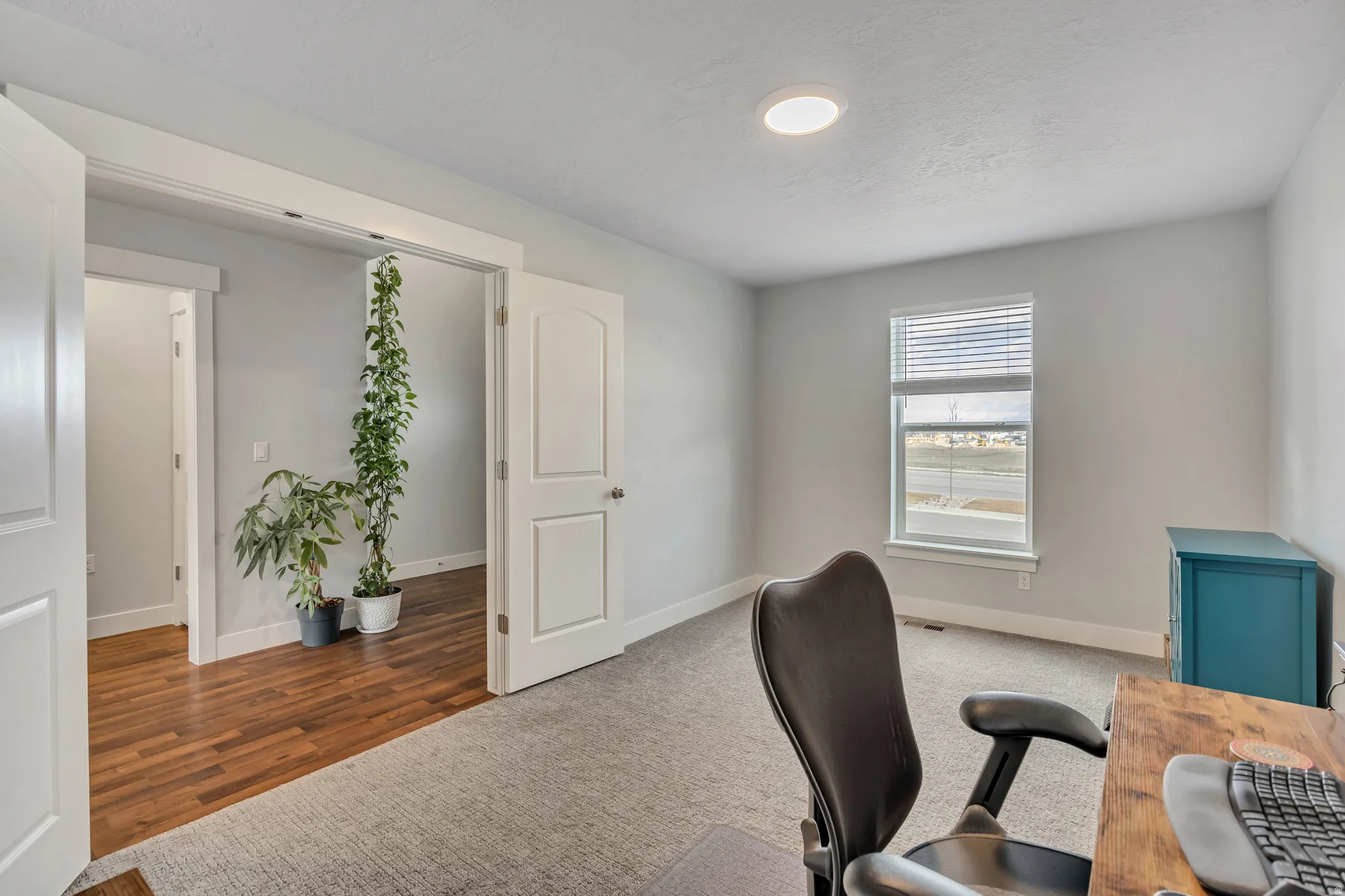 Office area featuring carpet and wood finished floors