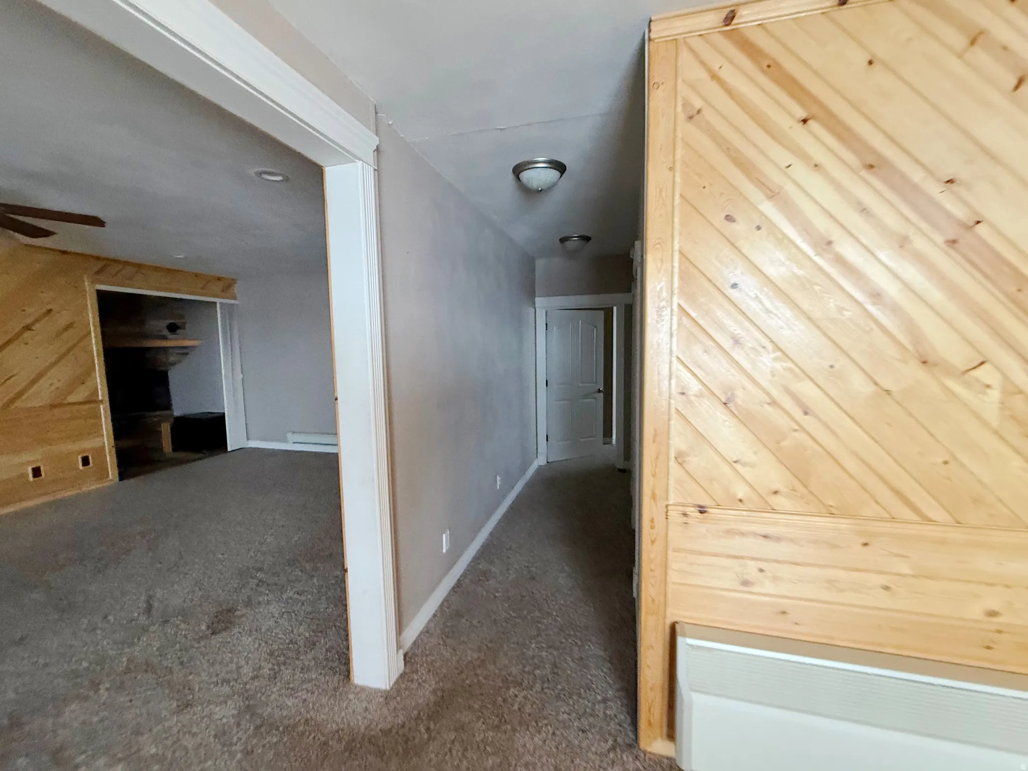 Hall with carpet floors and wooden walls