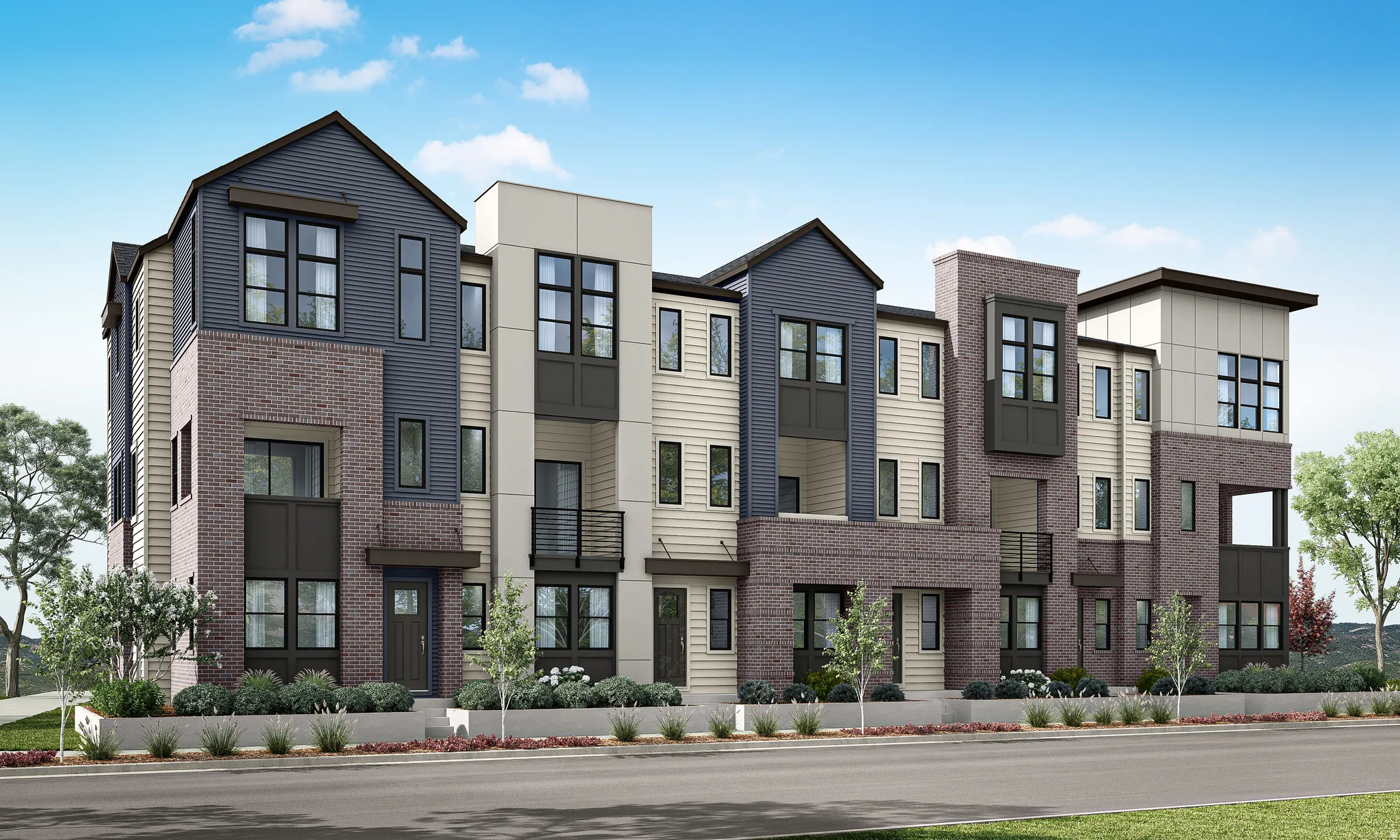 Rendering view of property featuring Urban brownstone exteriors.  For marketing purposes only.