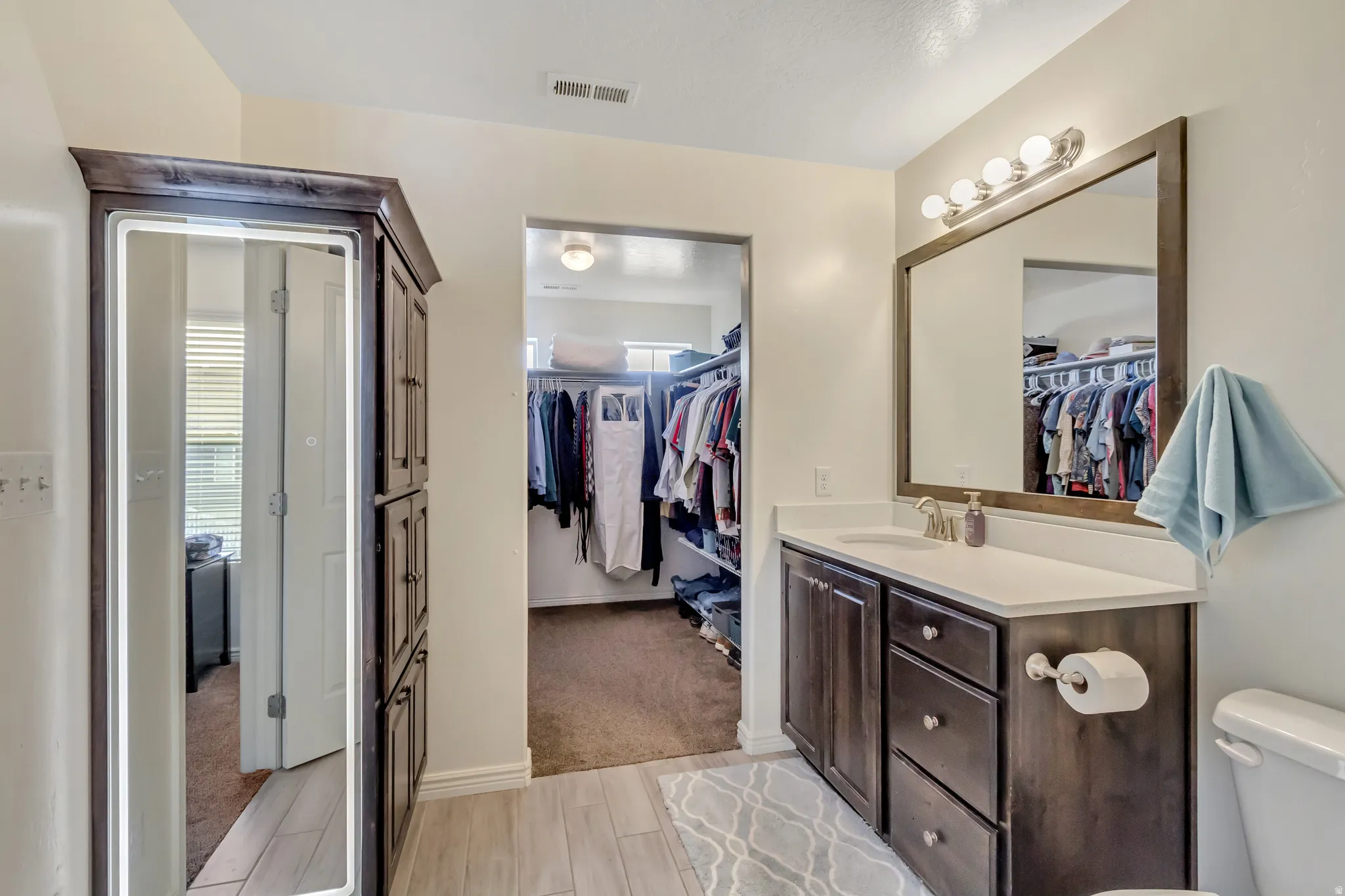 Bathroom with vanity, a spacious closet, and wood finish floors