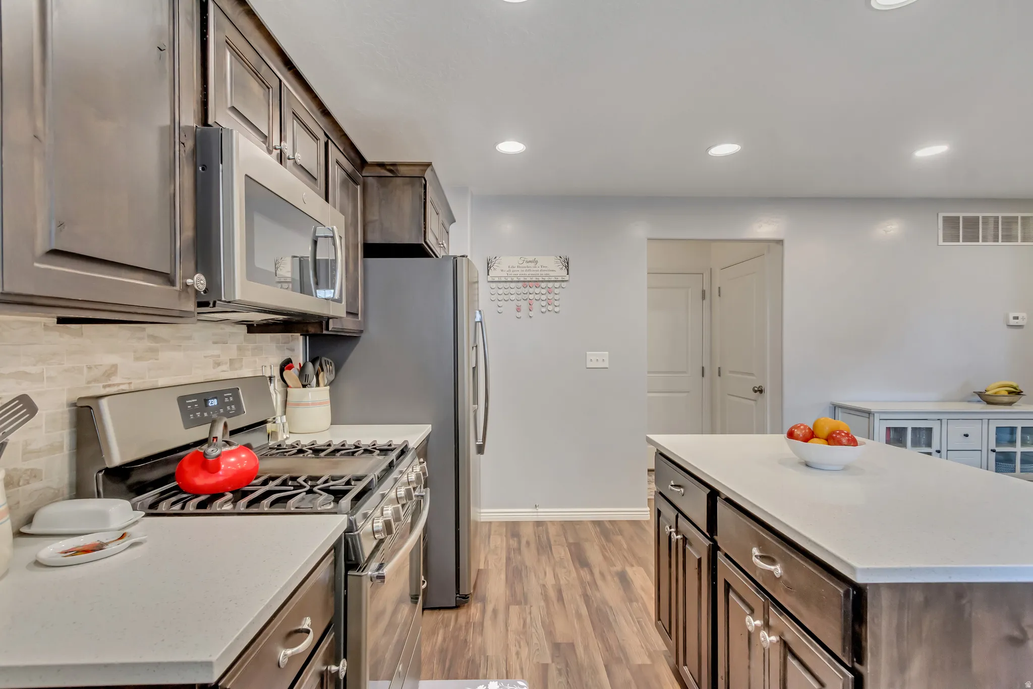 Kitchen featuring stainless steel appliances, dark wood finish cabinets, light wood-style floors, a center island, and recessed lighting
