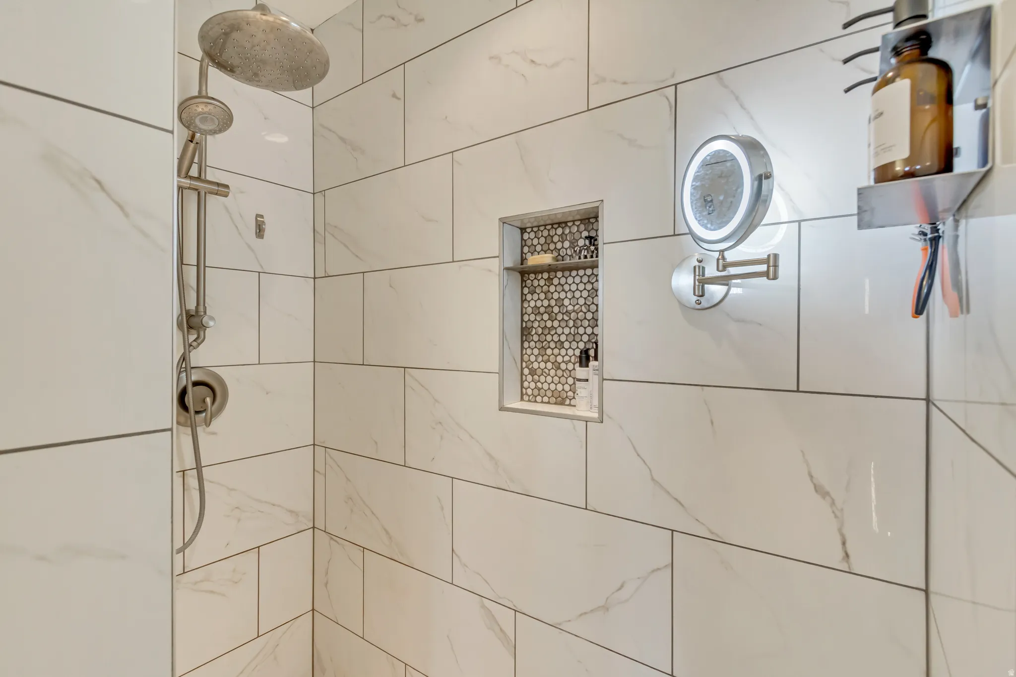 Bathroom view of tiled shower