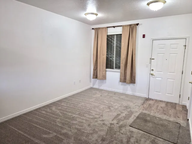 Spare room featuring carpet flooring and a textured ceiling