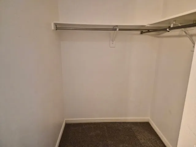 Walk in closet featuring dark colored carpet