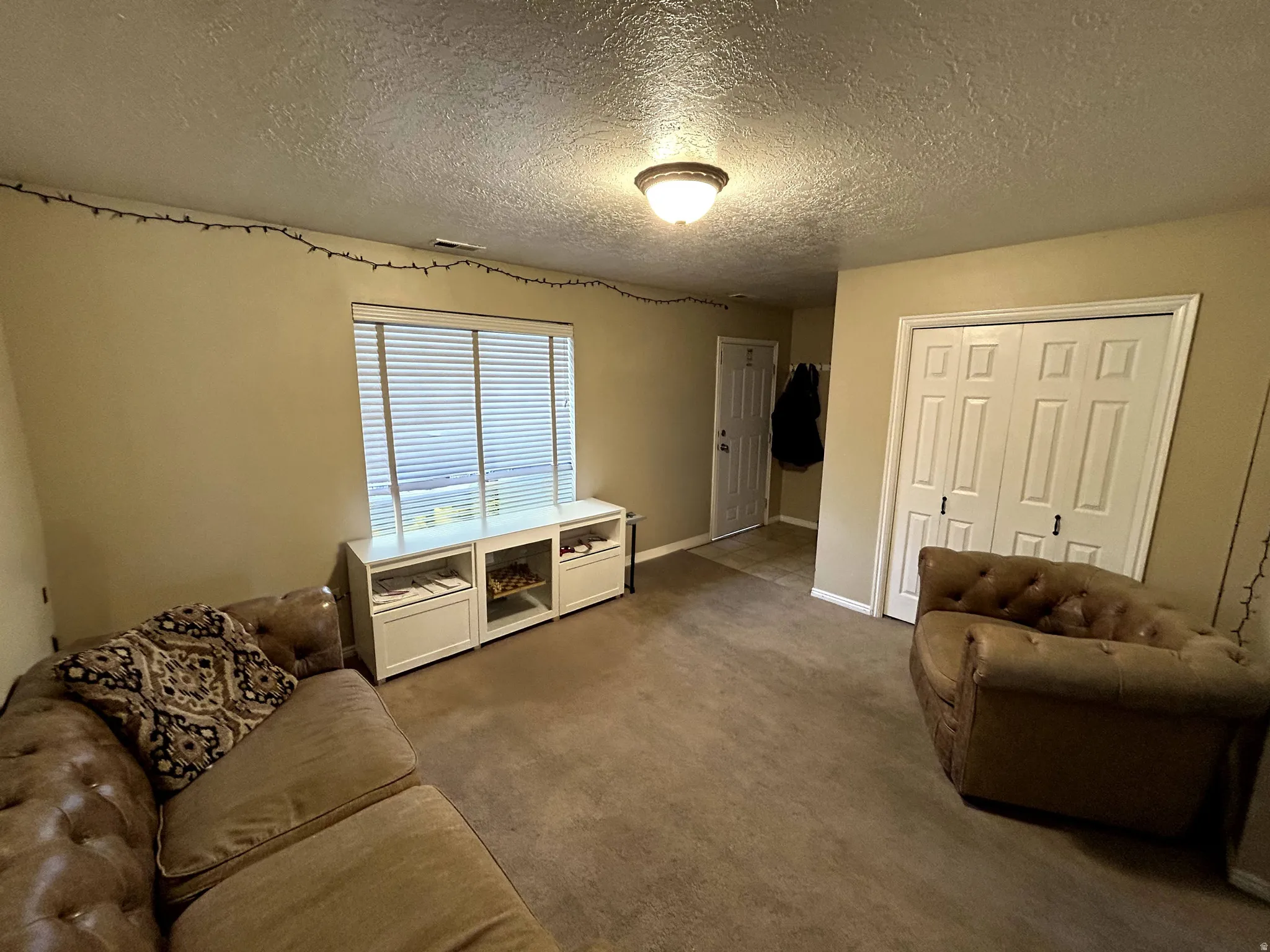 Living area with a textured ceiling and carpet floors