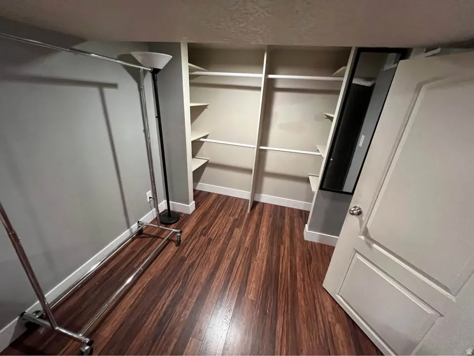 Walk in closet with dark wood-style floors
