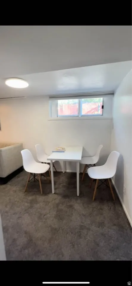 Living area featuring dark carpet