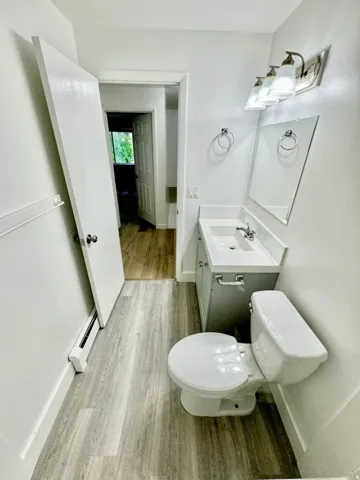 Half bathroom featuring light wood-style floors, vanity, and a baseboard radiator