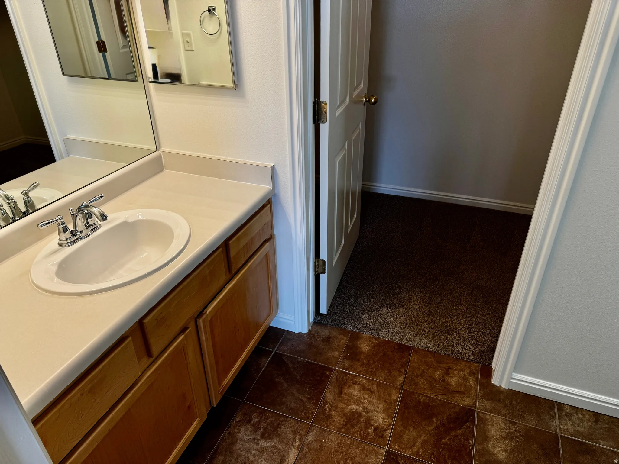 Bathroom featuring vanity and dark colored carpet