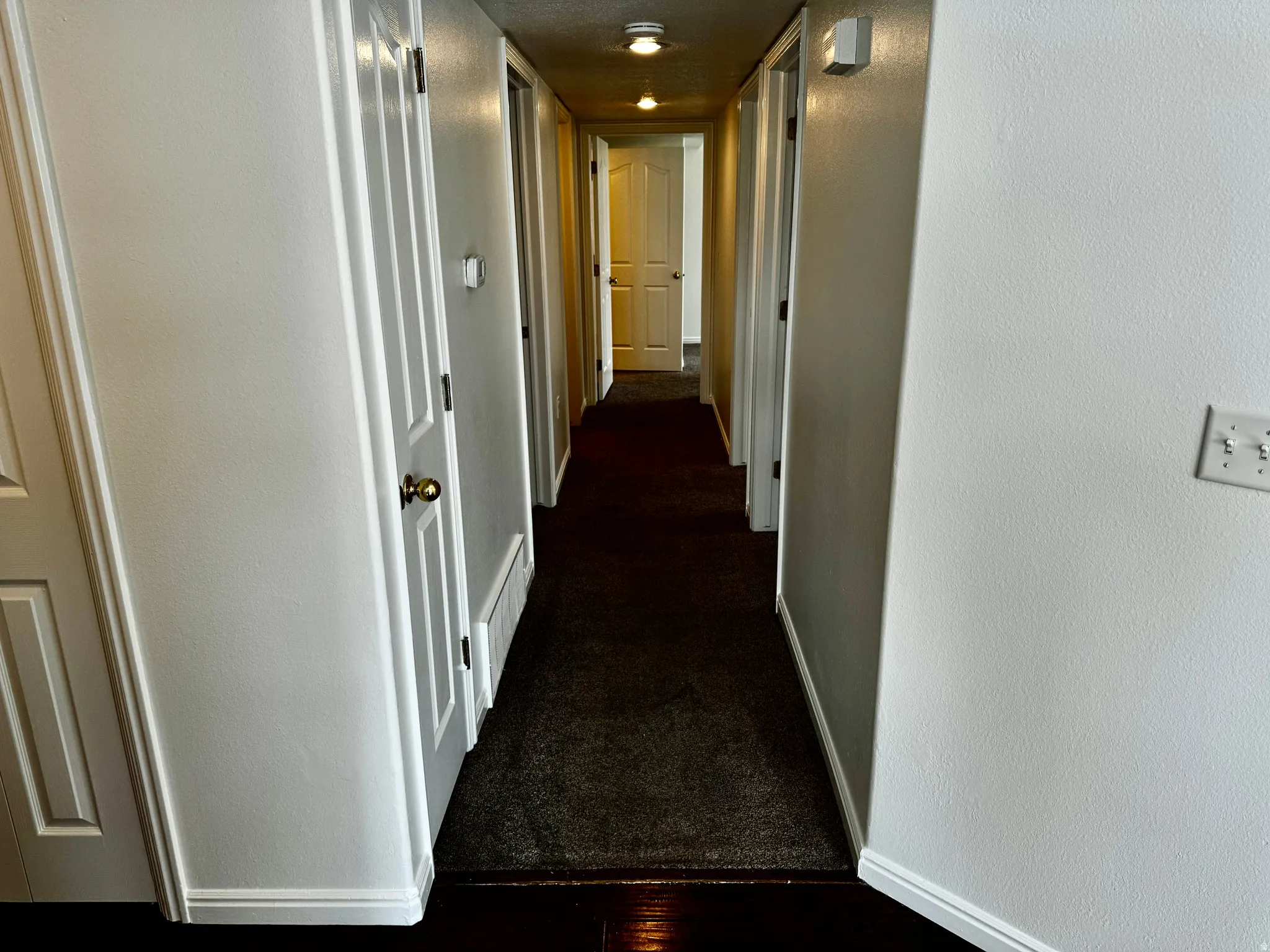 Corridor with dark carpet and a textured wall