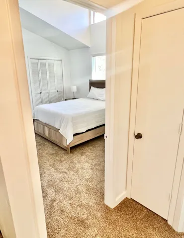 Bedroom with light carpet and a closet