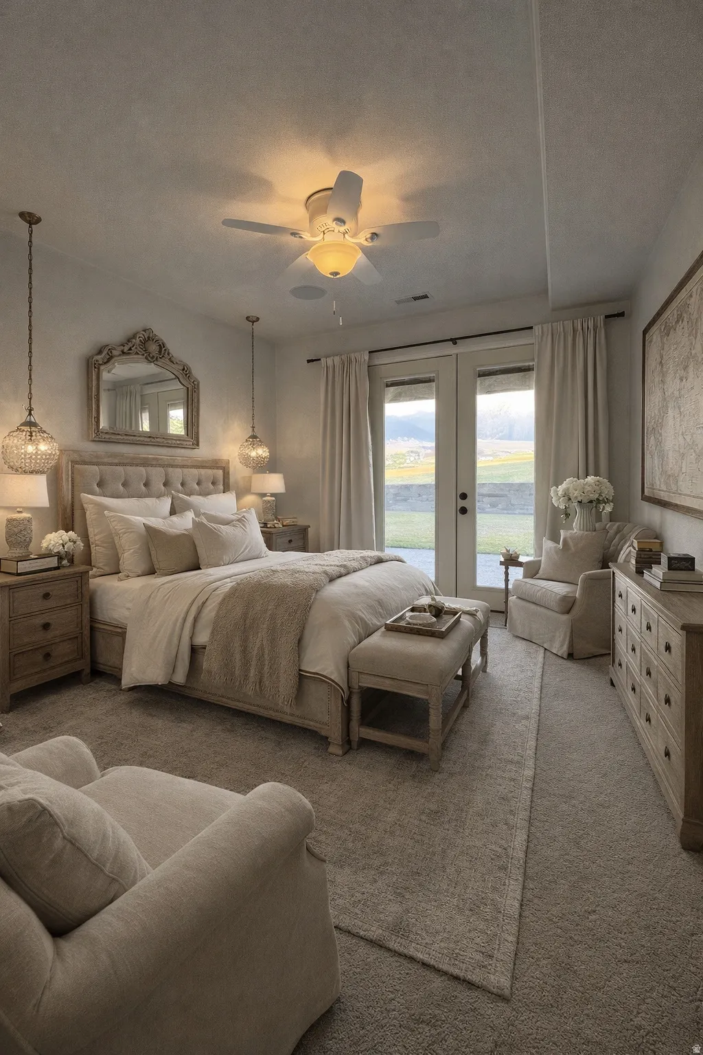 Bedroom with french doors, access to exterior, a ceiling fan, a textured ceiling, and carpet floors