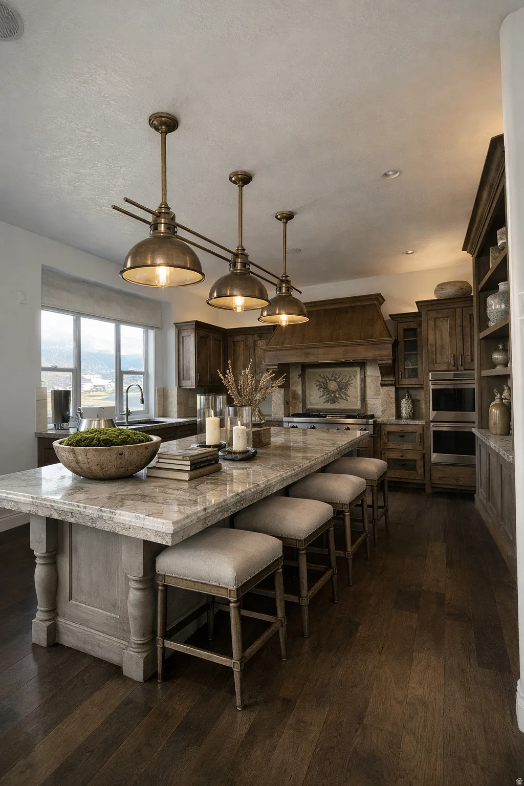 Kitchen featuring dark wood-style floors, open shelves, dark wood finish cabinets, a breakfast bar, and a large island