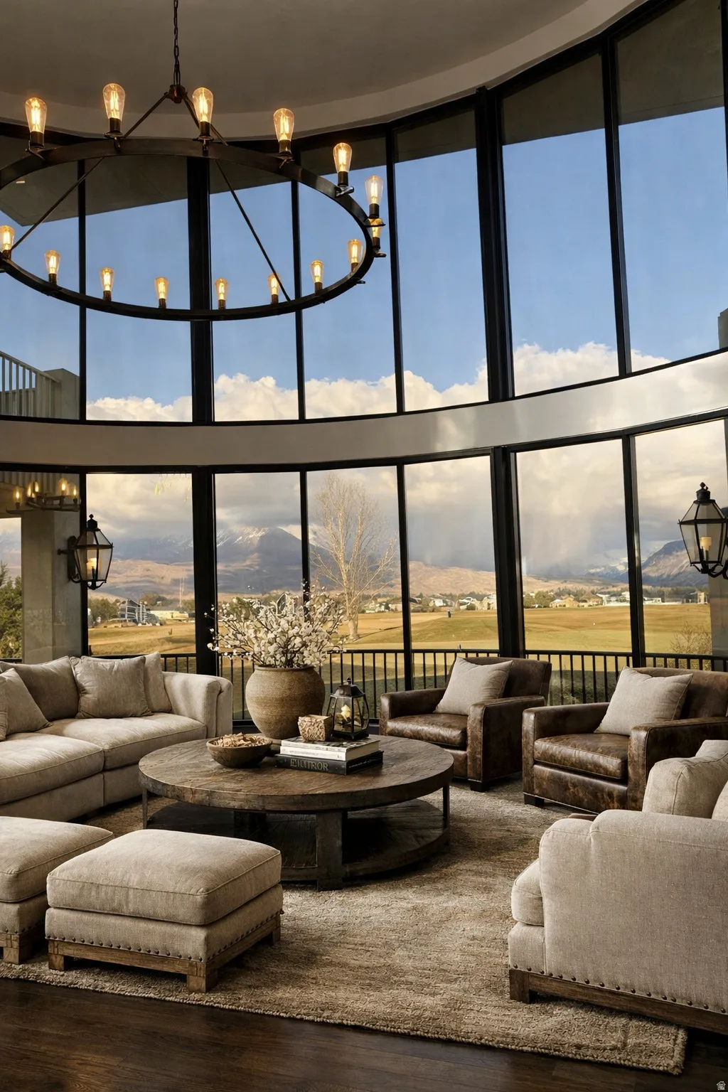 Living area with floor to ceiling windows, a high ceiling, a mountain view, suspended lighting, and wood finished floors