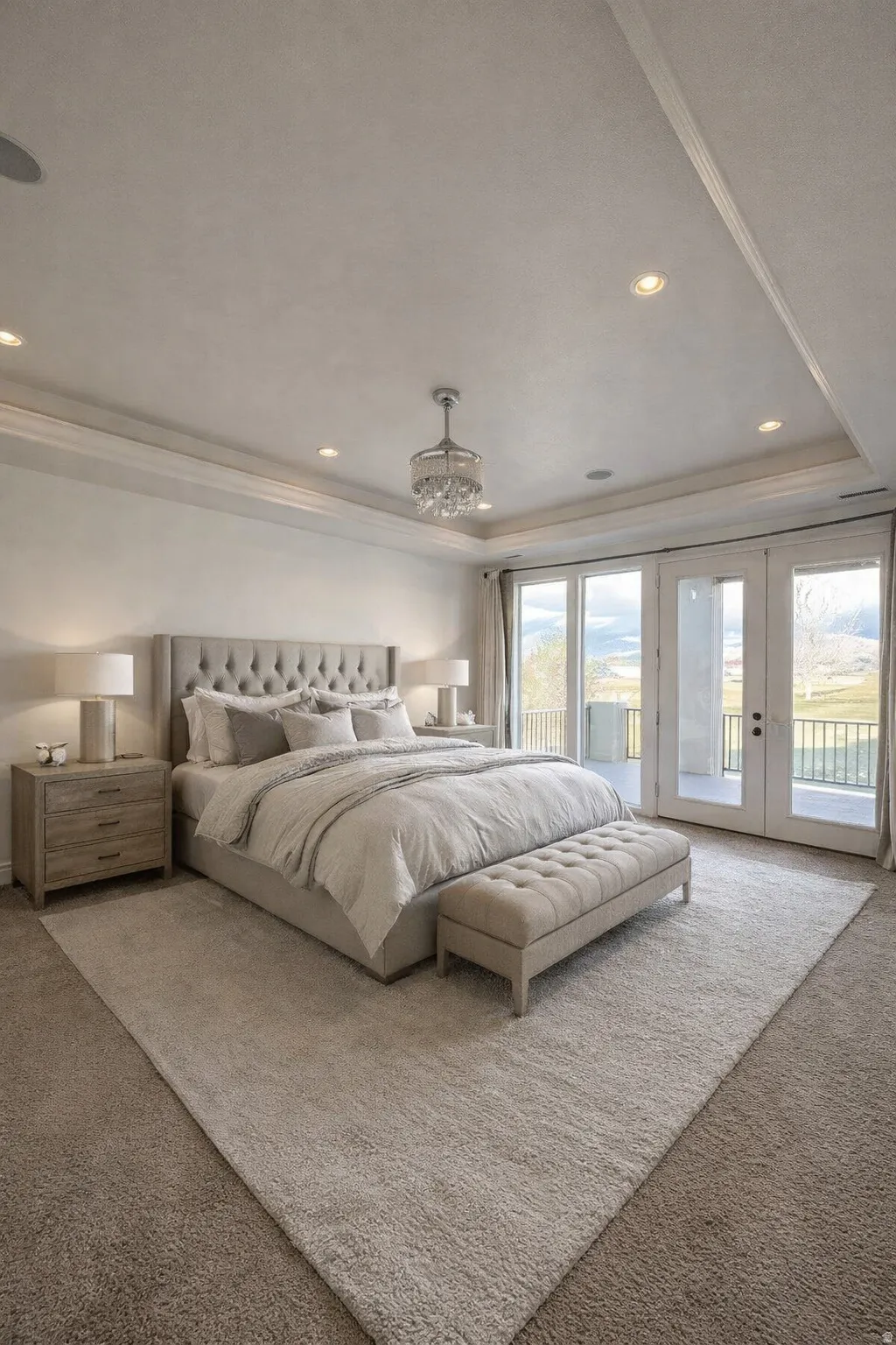 Carpeted bedroom featuring french doors, access to exterior, ornamental molding, a raised ceiling, and recessed lighting