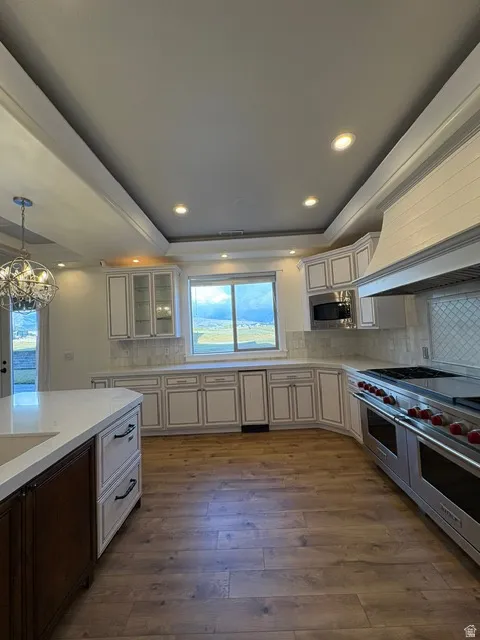 Two tone kitchen featuring a tray ceiling, stainless steel appliances, glass fronted cabinets, backsplash, and dark wood finished floors