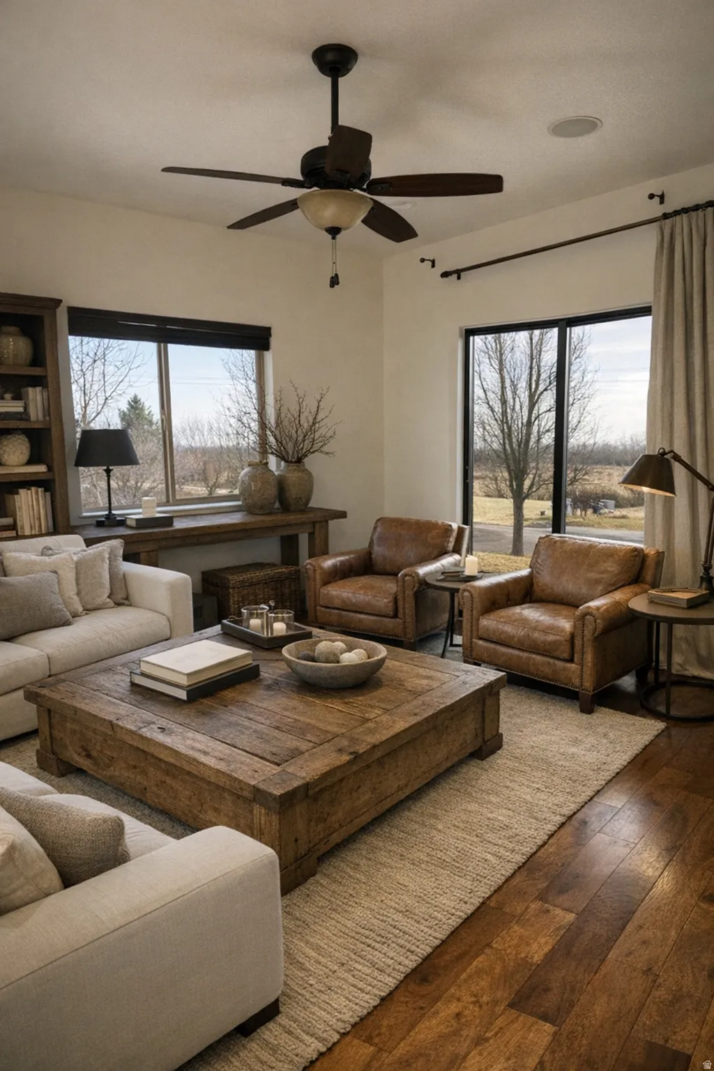 Living area featuring hardwood / wood-style flooring and a ceiling fan