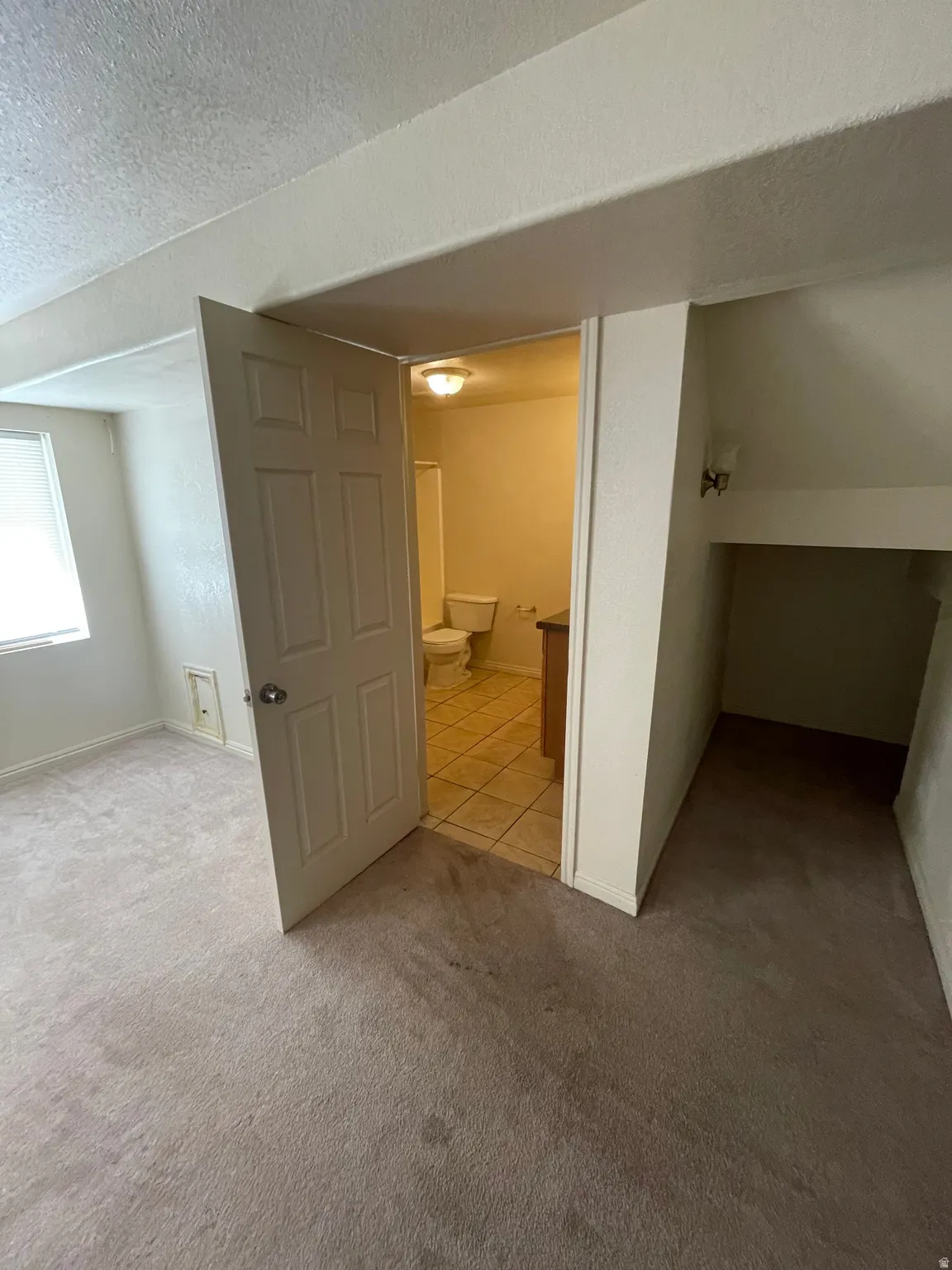 Carpeted room featuring a window with blinds, a white paneled door, and access to a bathroom with tile flooring