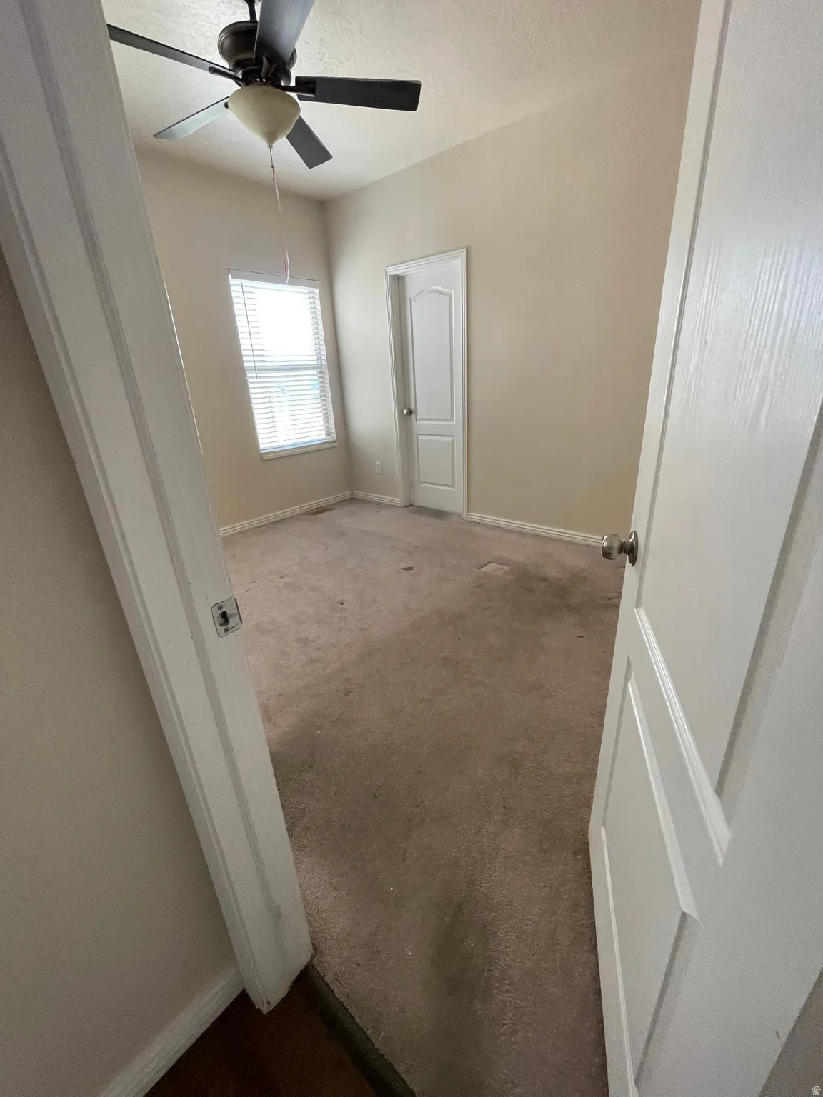 Room featuring neutral carpet, light-colored walls, and a ceiling fan with integrated lighting