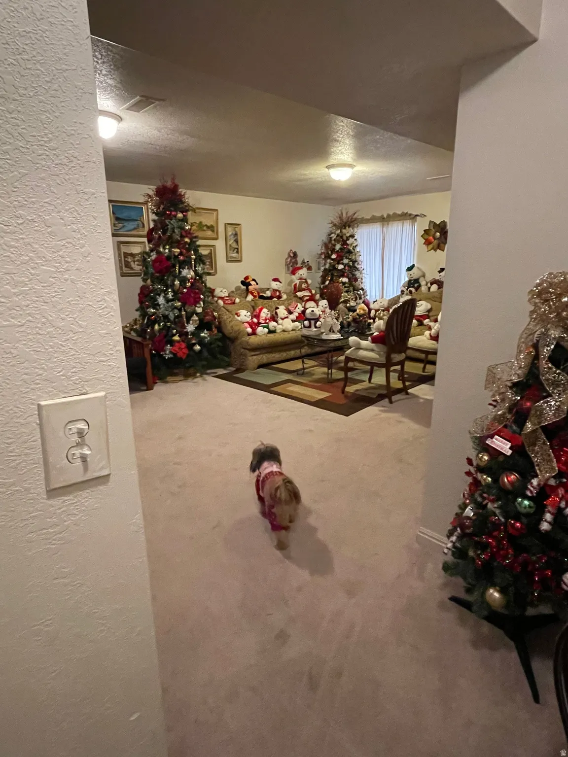 Game room with a textured wall, carpet flooring, and a textured ceiling