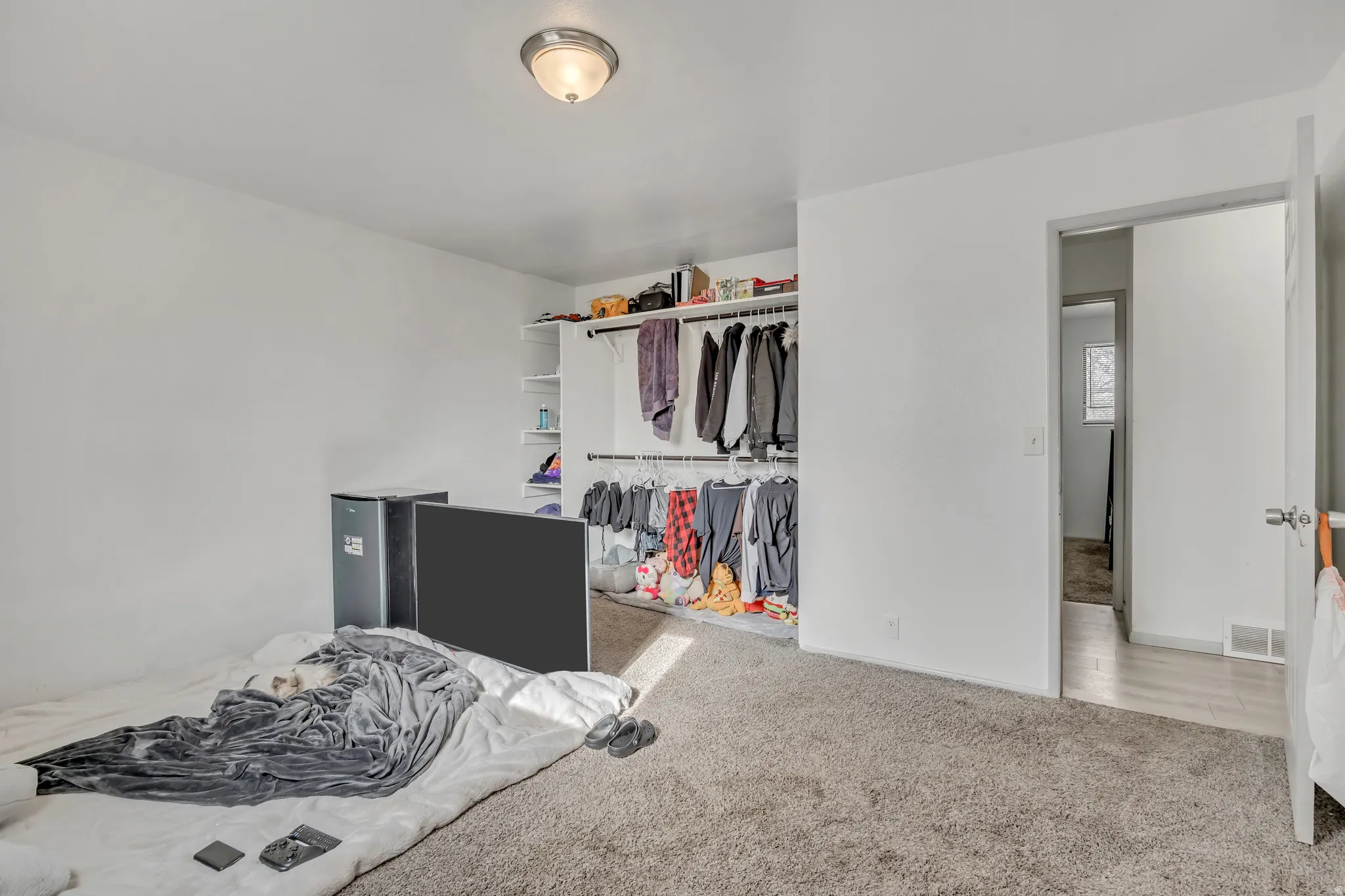 Bedroom featuring carpet flooring and a closet