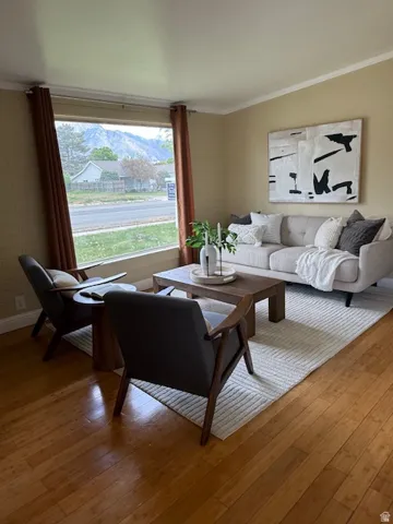 Living area featuring light wood-style floors and crown molding