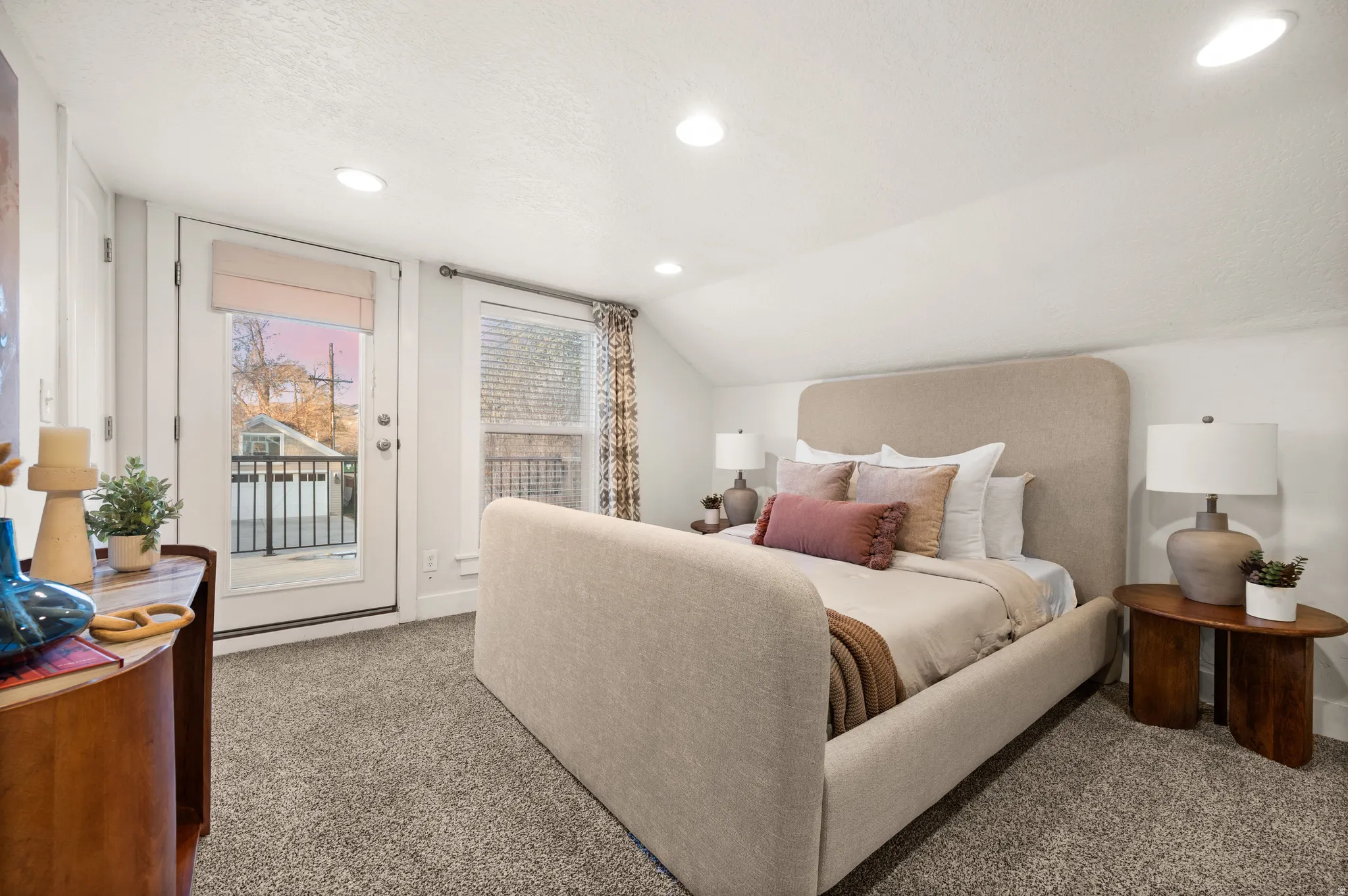 Bedroom with access to outside, recessed lighting, and light colored carpet