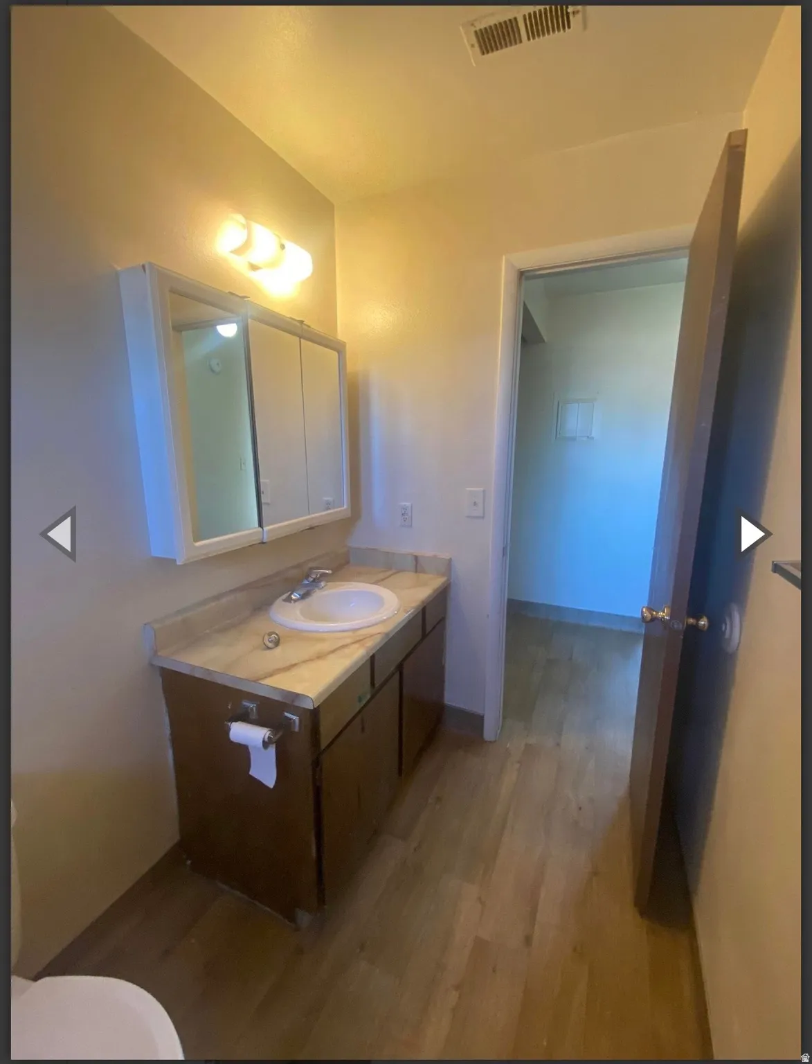 Bathroom featuring light wood-style floors and vanity