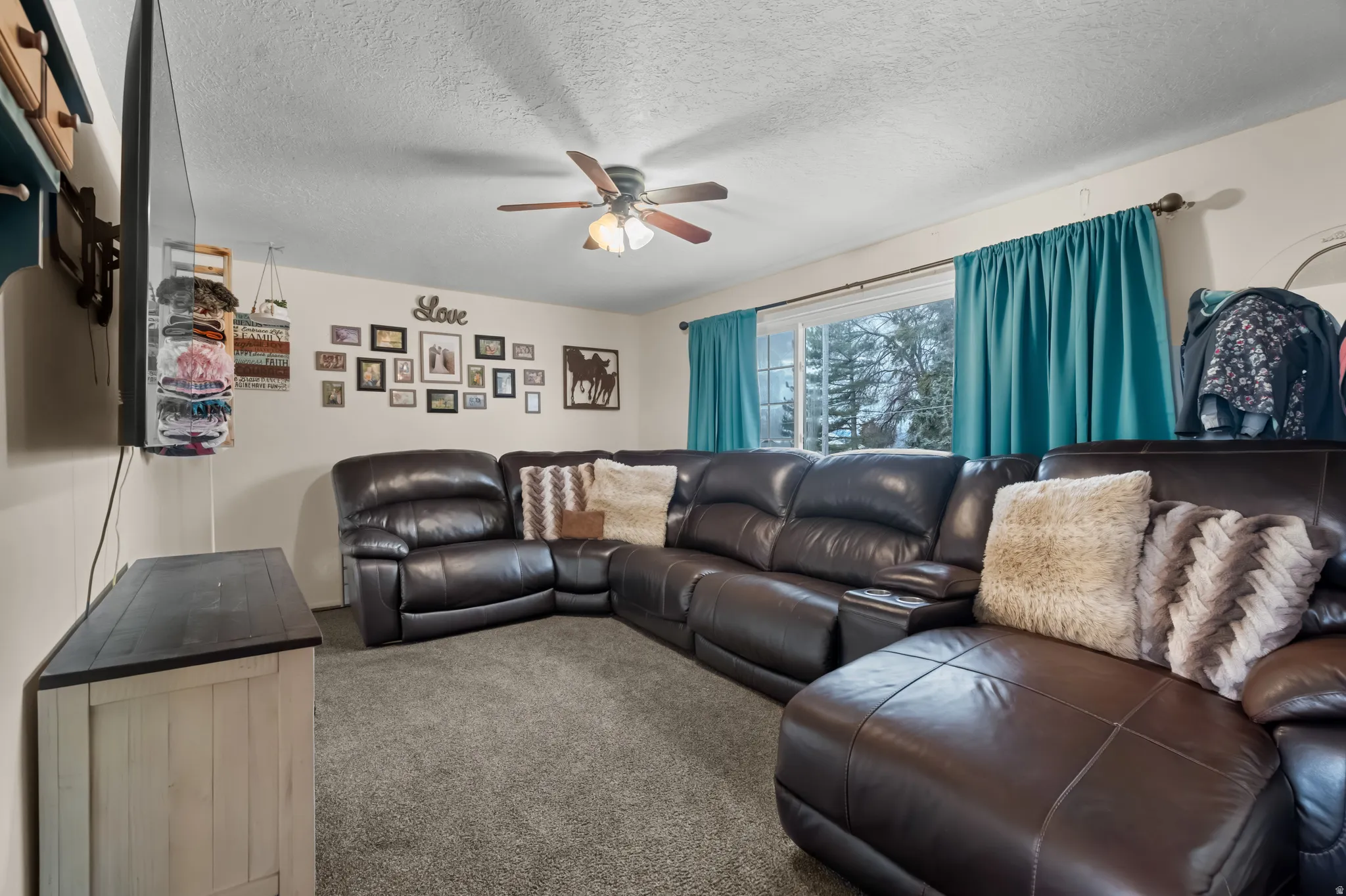 Living room featuring carpet floors, a textured ceiling, and a ceiling fan