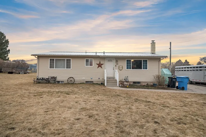 View of front of home featuring a chimney, a yard, and a metal roof
