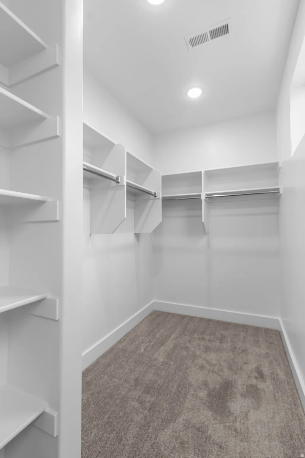 Walk in closet with dark colored carpet