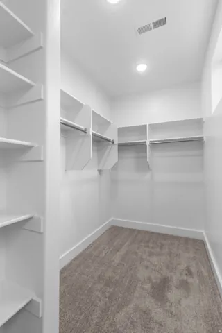 Walk in closet with dark colored carpet