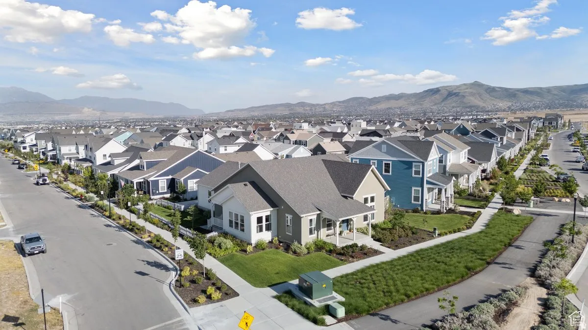 Aerial perspective of suburban area with mountains