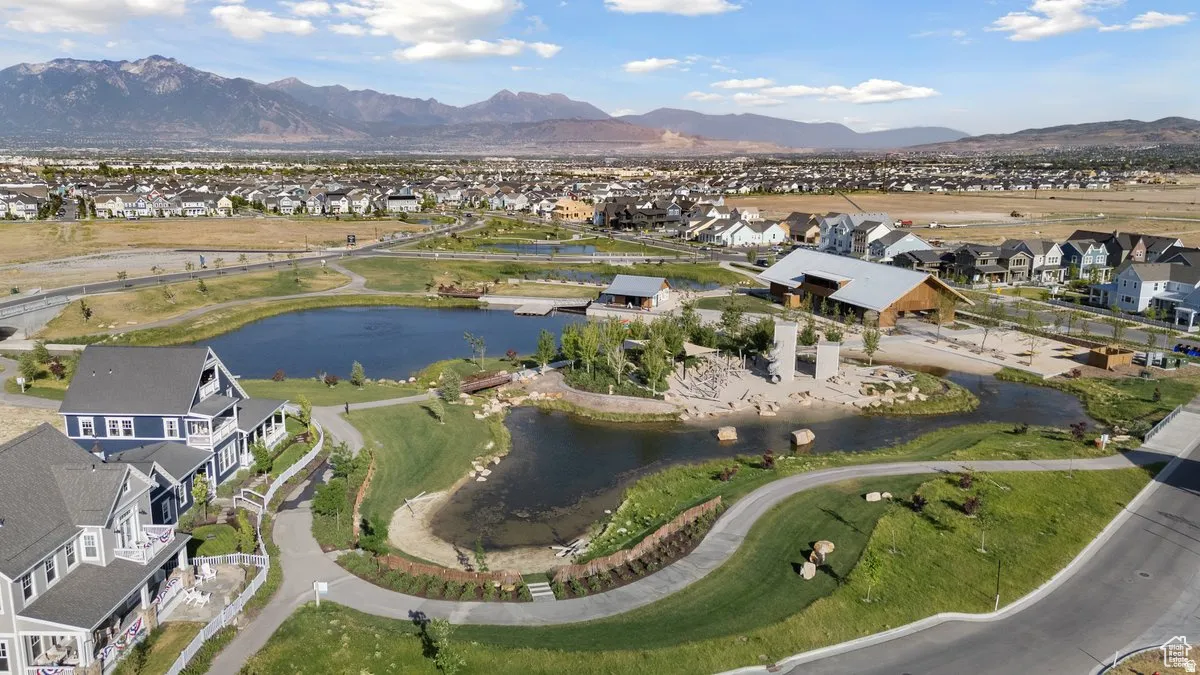 Aerial view of residential area with a water and mountain view