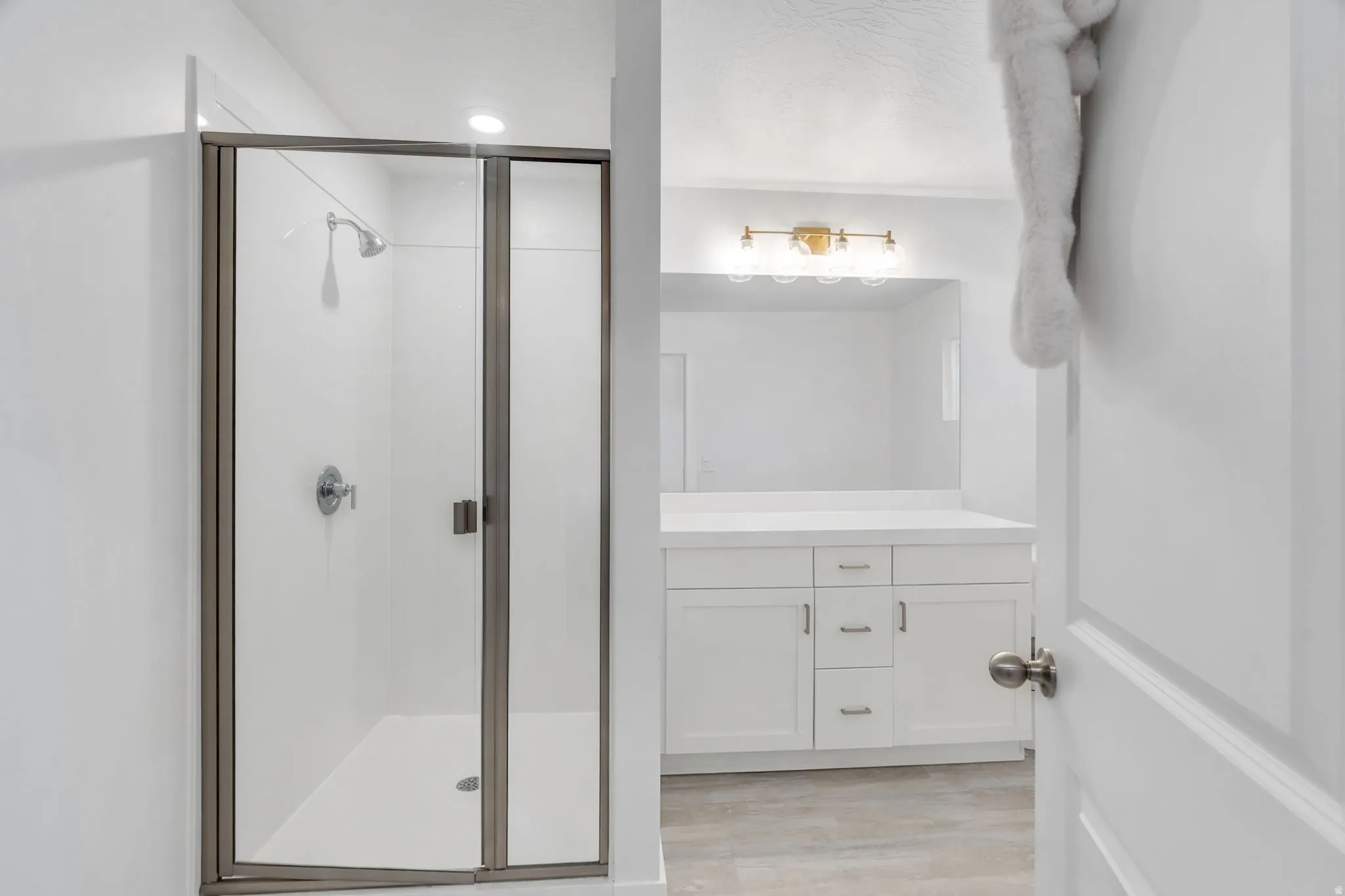 Full bathroom featuring a shower stall, light wood-style floors, and vanity