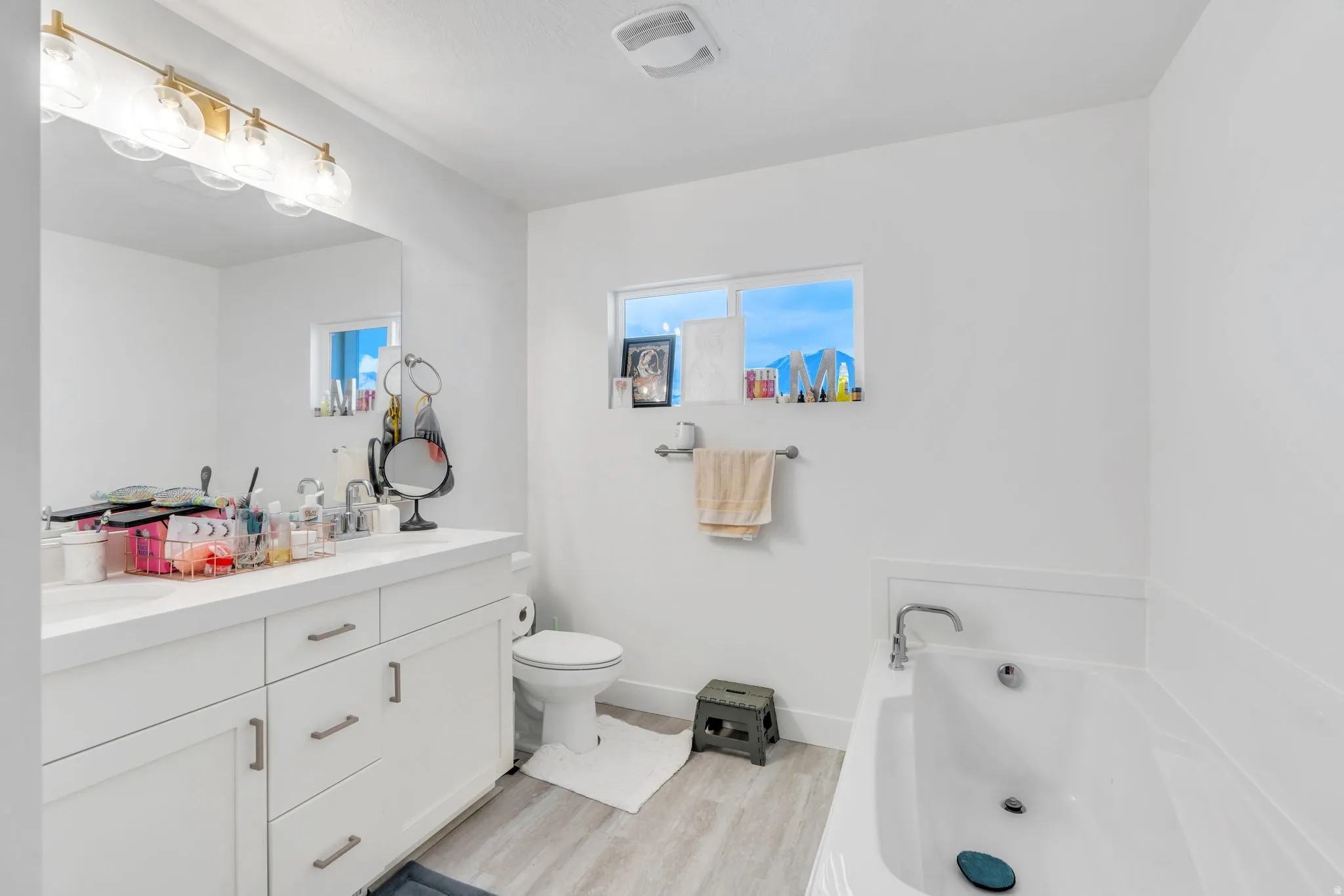 Full bathroom featuring double vanity, light wood finished floors, and a bath